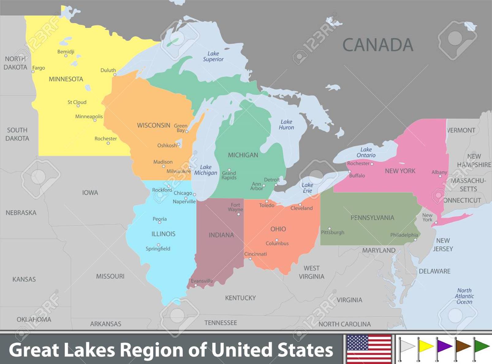 Vector Set Of Great Lakes Region Of United States With Neighboring..  Royalty Free Cliparts, Vectors, And Stock Illustration. Image 95674804.